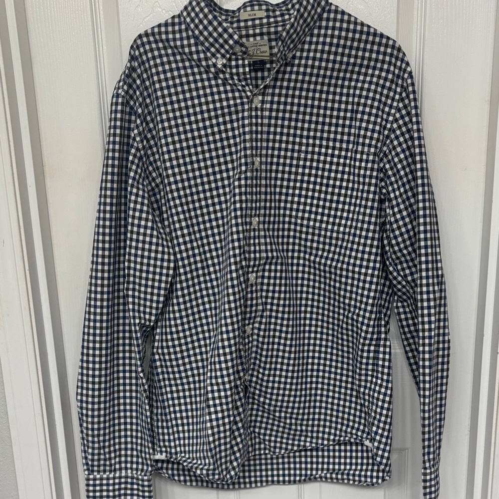J. CREW Slim Fit Gingham Check Button Down Sport Shirt in Blue Size L